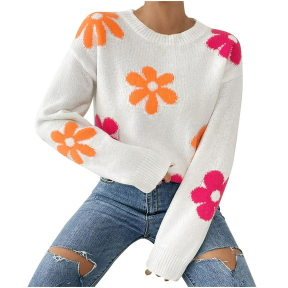 Hueook Plus Size Sweaters for Women Yellow Sweater Women Women's Color Blocked Floral Knit Sweater Loose Long Sleeved Round Neck Pullover Sweater Hot Pink S