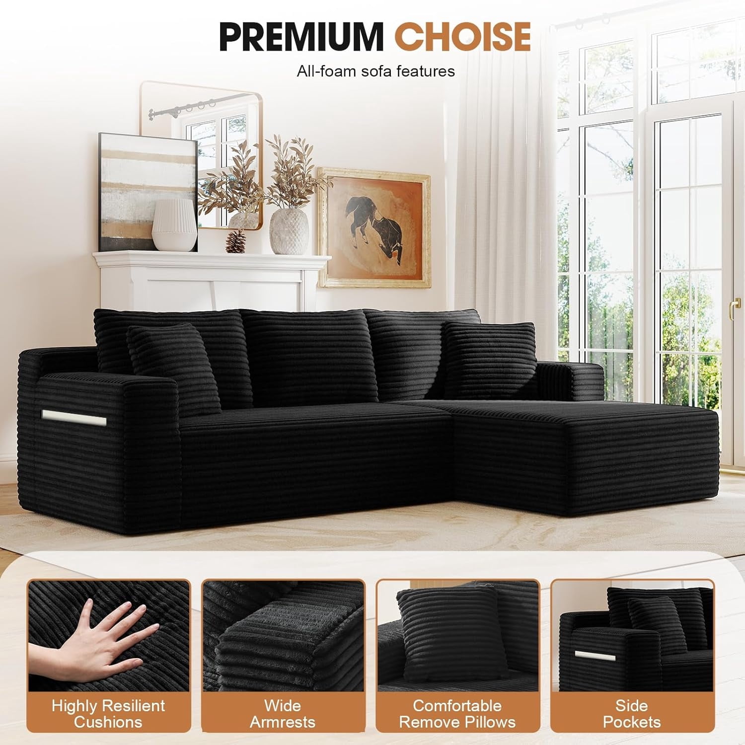 MOONMISS L-Shaped Cloud Sectional Couch with Chaise,Modern Corduroy Upholstered Modular Boneless Sofa,No Assembly for Living Room Apartment(Black,Right)