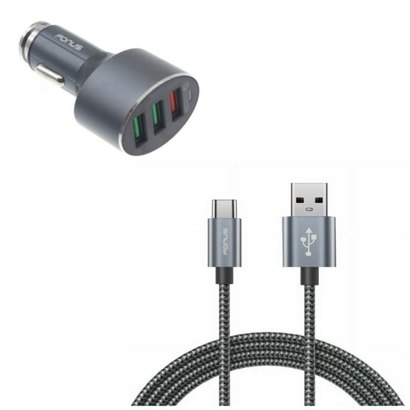 3-Port USB 42W Quick Car Charger w Charger Cord Type-C 10ft USB Cable X7J for Acer Liquid Jade Primo - Alcatel PulseMix, 7, Idol 5S 5 4S, 3V (2019) - ASUS Zenfone V Live, ROG Phone 2, AR 6 5z