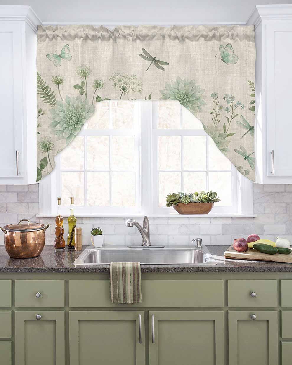 Green Floral Swag Valances for Windows 56 x 36 Rod Pocket Light Filtering Window Topper Summer Spring Green Dragonfly Butterfly Linen Texture for Kitchen Bathroom Bedroom Living Room