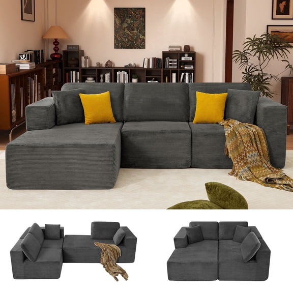 JONPONY 109”Cloud Sectional Couch, Boneless Modular Sofa with L-Shape Chaise, Deep Seat Corduroy Couch, No Assembly Required, Modern Upholstered Sectional for Living Room Apartment Bedroom,Grey