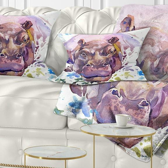 Designart Hippopotamus Watercolor - Animal Throw Pillow - 12x20