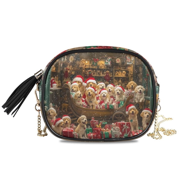 Womens Casual Chain Shoulder Bag Simple style Puppies in Santa Hats Sleigh Crossbody Bag