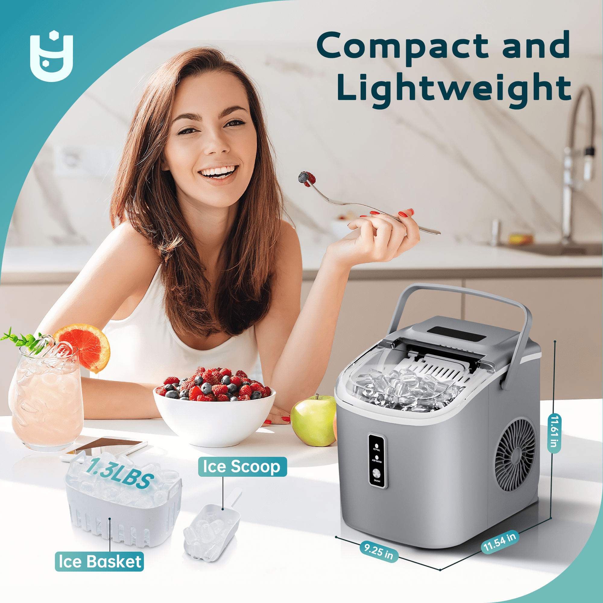 EUHOMY Countertop Ice Maker 26 lbs/Day Portable Self-Cleaning, 9 Bullet Ice in 6 Min, Gray