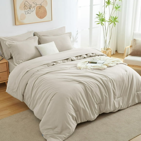 Juego de edredón CozyLux Queen Oatmeal de 7 piezas para cama en una bolsa