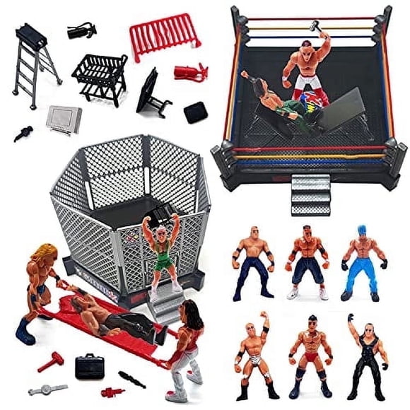 32-Piece Wrestling Toys - Wrestler Warriors Toys with Ring & Realistic Accessories - Fun Miniature Fighting Action Figures Includes 2 Rings - Great Gift