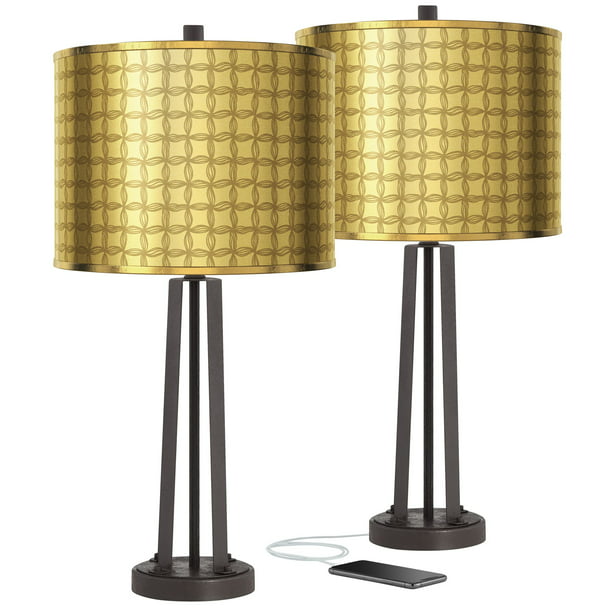 Port Bronze Puffs Gold Grid Drum Shade, Kenroy Home Aurora Table Lamps