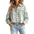 thumbnail image 2 of Boho Striped Button Down Shirt for Women, Vintage Long Sleeve Puff Sleeve Blouse, Oversized Loose Fit Casual Tops, Fall Fashion Tunic Blue L, 2 of 5