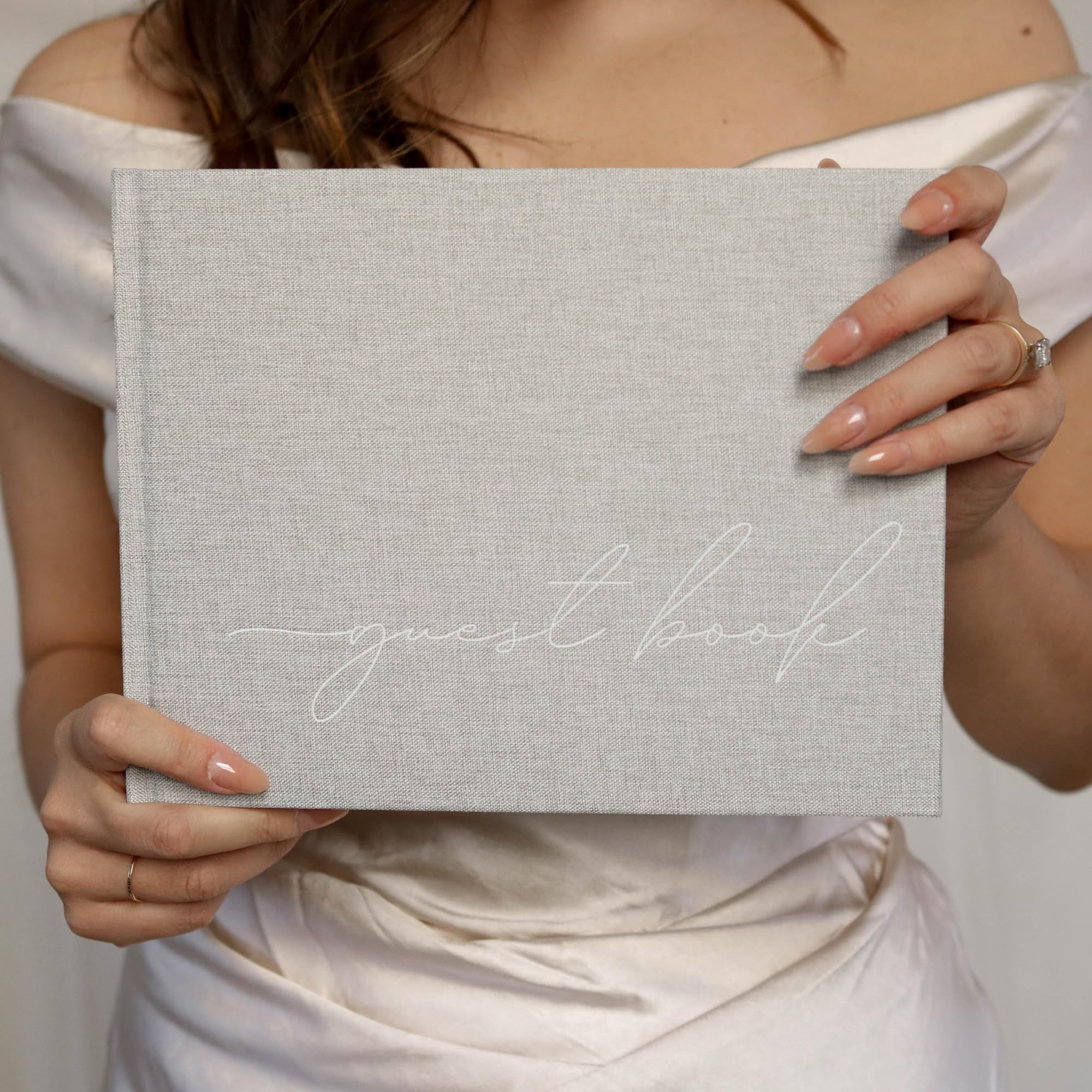 Wedding Guest Book With Clear Photo Corners Self Adhesive Stickers - Linen Photo Guestbook to Sign at Bridal Shower or Wedding Reception Party - 100 Pages - Half Blank and Lined Thick Paper Books