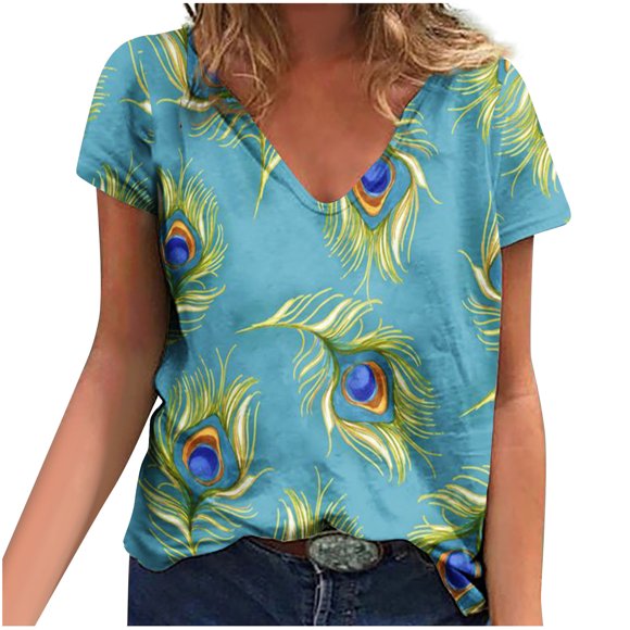Camisetas con estampado floral con cuello en V para mujer Blusas femeninas cómodas a la moda Tops OAVQHLG3B Store lin121212