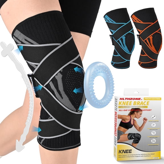 HLTHZONE Patented Adjustable Knee Brace with Side Stabilizers & 4 Straps , Copper Infused Compression Support for Arthritis, ACL, Meniscus Tear, Sports Recovery – Breathable, Black/Gray, One Size