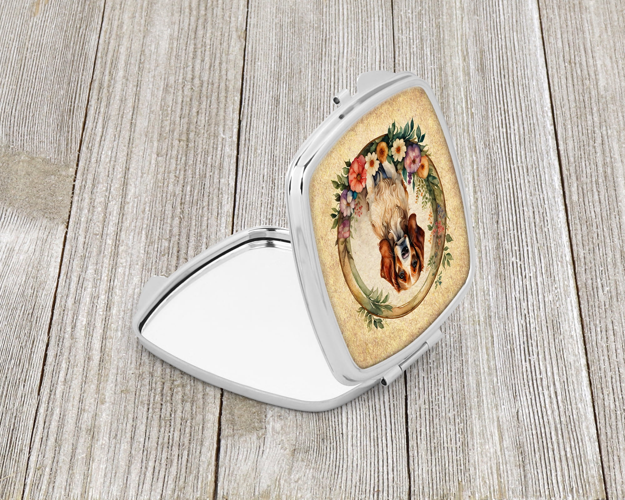 Brittany Spaniel and Flowers Compact Mirror 2.75 in x 3 in
