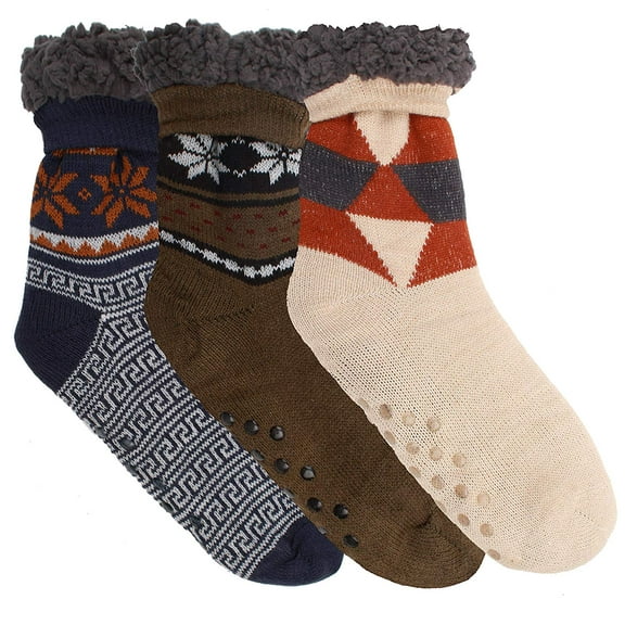 Winter-Weight Thermal Fleece-Lined Cozy Christmas Holiday Sherpa Lined Slipper Socks, 3 Pair Pack
