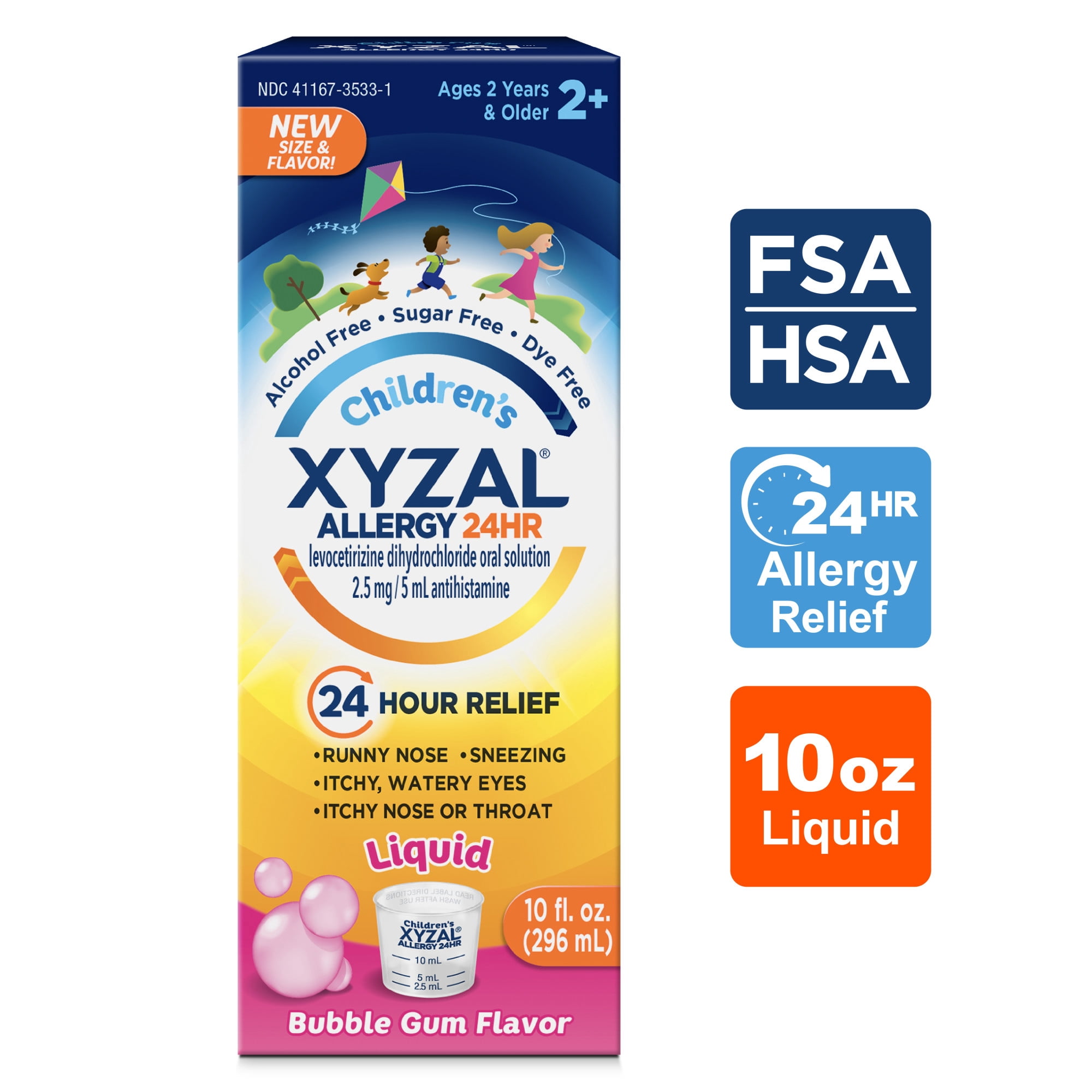 Xyzal Children's 24 Hour Allergy Relief Medicine for Kids, Levocetirizine Dihydrochloride Liquid Antihistamine, Bubble Gum, 10 Fl. oz.