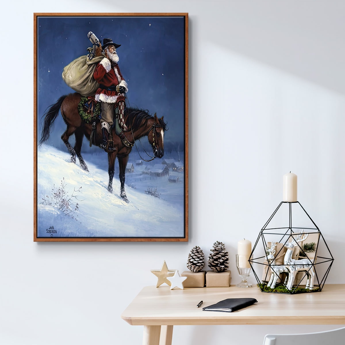 A Cowboy Christmas - Framed Gallery Wrapped Holiday Canvas - 25 x 37 - Rosewood Frame