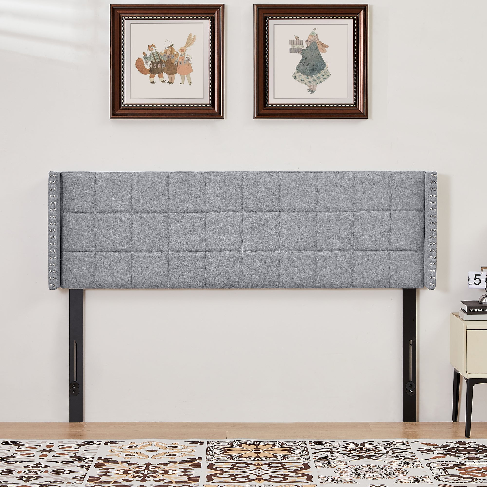 VECELO Queen Size Adjustable Height Upholstered Headboard, Modern Wingback Headboard with Double Nailhead Trimming and Button Tufting for Bedroom, Light Gray
