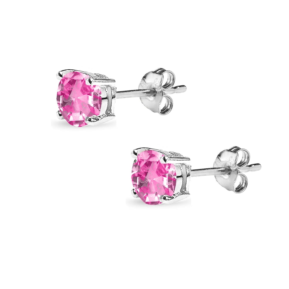 Simulated Pink Sapphire 5mm Round-Cut Solitaire Sterling Silver Stud Earrings