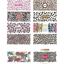1 Set 10 Sheets UV DTF Cup Wrap Transfer Stickers Leopard Print Rub on Decals Leopard Mama Theme Waterproof Personalized UV DTF Stickers for DIY Bottles Drink Jam Cake Container
