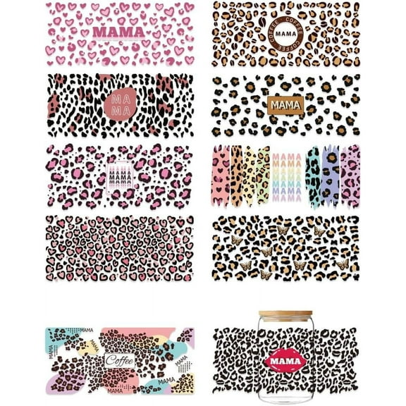1 Set 10 Sheets UV DTF Cup Wrap Transfer Stickers Leopard Print Rub on Decals Leopard Mama Theme Waterproof Personalized UV DTF Stickers for DIY Bottles Drink Jam Cake Container