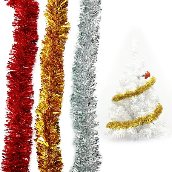 Tinsel Garland for Christmas Decorations 3Pc Silver Gold Red Each 6.6 FT Non-Lit Holiday Decor for Outdoor or Indoor