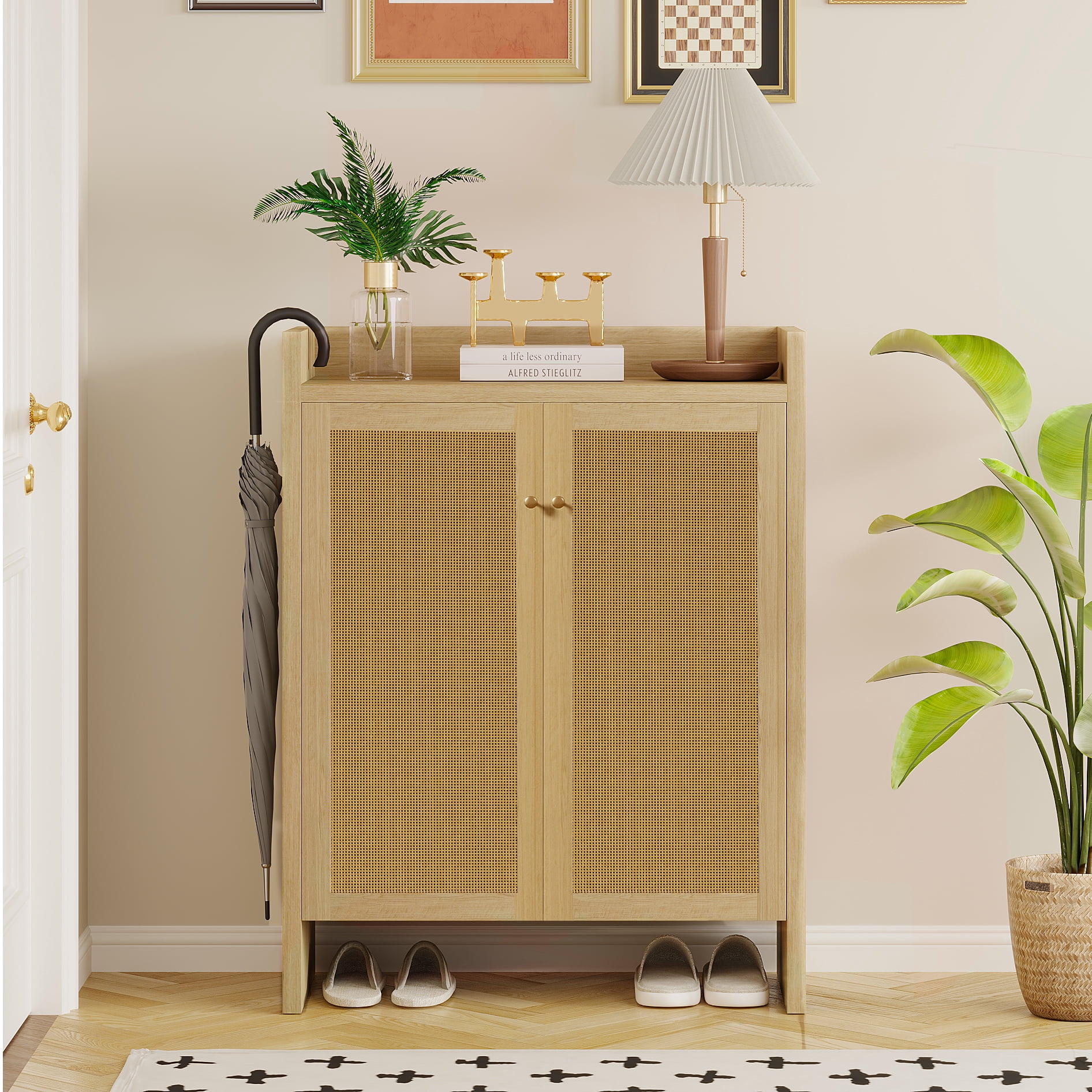 Mintazer 6 Tier Shoe Cabinet with Rattan Door & Umbrella Hook, Shoe Storage Organizer with Adjustable Shelves for Entryway Hallway Living Room, Natural