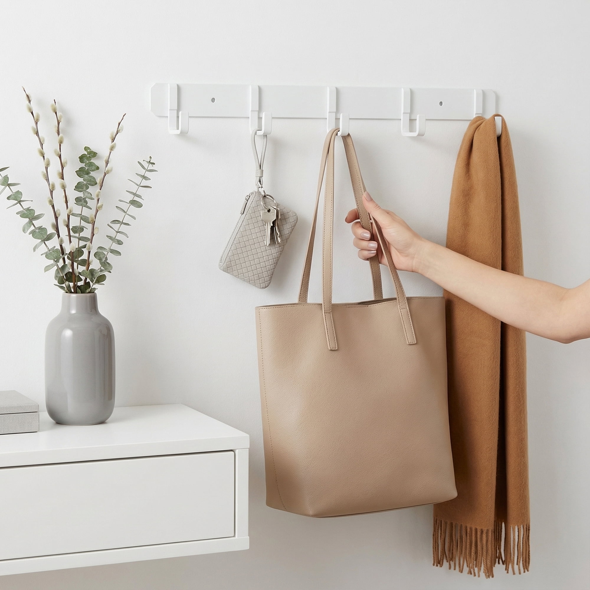 Unique Bargains Coat Rack Wall Mount Metal Wood 5 Hooks for Entryway Bathroom White