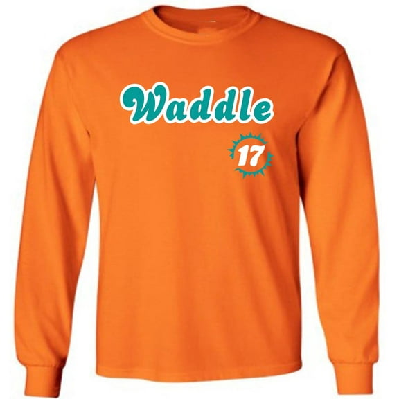 LONG SLEEVE ORANGE Dolphins Jaylen Waddle 17 Logo T-shirt ADULT