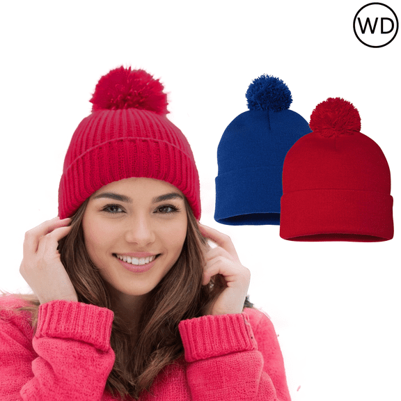 Sportsman Hats 12" Pom-Pom Cuffed Beanie Assorted Warm Winter Knit for Men and Women, One Size Mixcolor 2 Pack