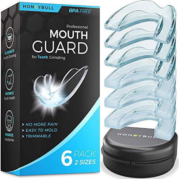 HONEYBULL Mouth Guard for Grinding Teeth 6 Pack Comes in 2 Sizes for Light and Heavy Grinding | Comfortable Custom Mold for Clenching at Night, Bruxism, Whitening Tray & Guard