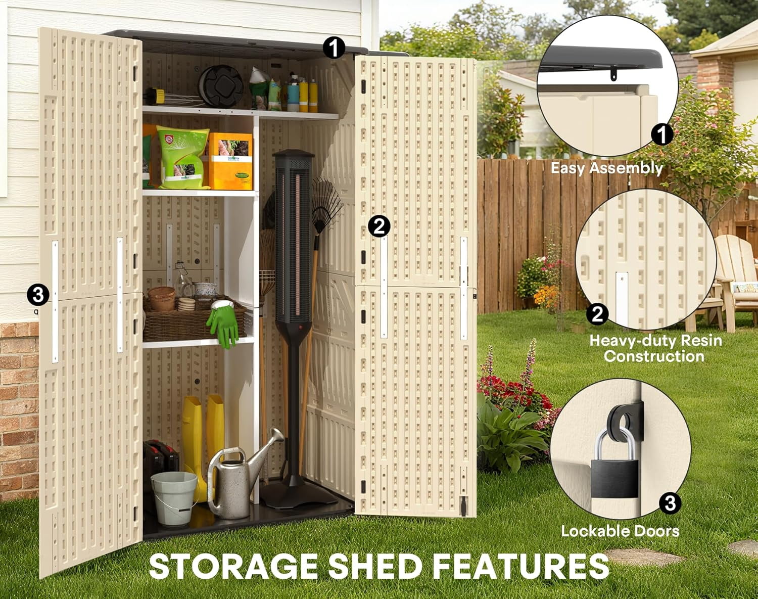 EVOKEDEN Resin Storage Shed, 60 Cuft Sheds & Outdoor Storage-Easy Assembly, Khaki