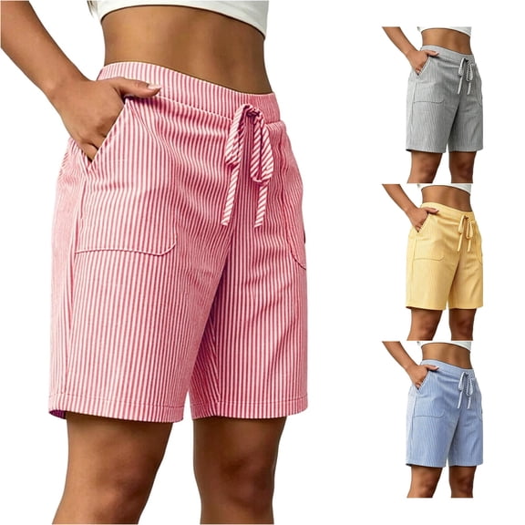 DHFJKG Womens Casual Summer Shorts Striped Relaxed Fit Straight Leg Drawstring Shorts Daily Wear Soft Bottoms