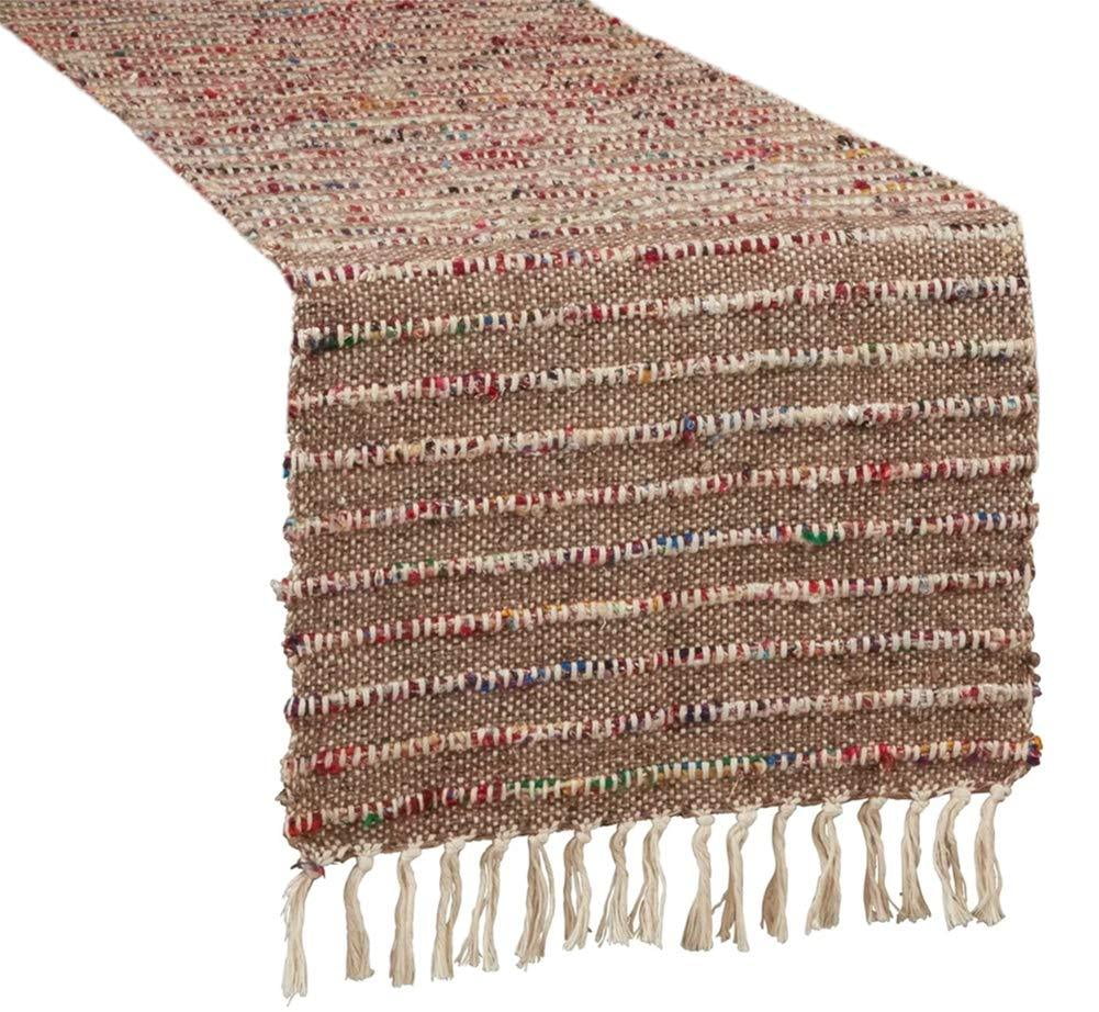 Beige and Multicolor Cotton Table Runner with Fringe