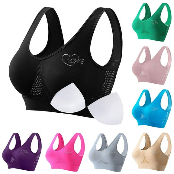 Loopsun Womens Bra Plus Size, Sports Bras for Women, Women Seamless Printing Sports Wirefree Yoga Bra with Removable Pads Black S