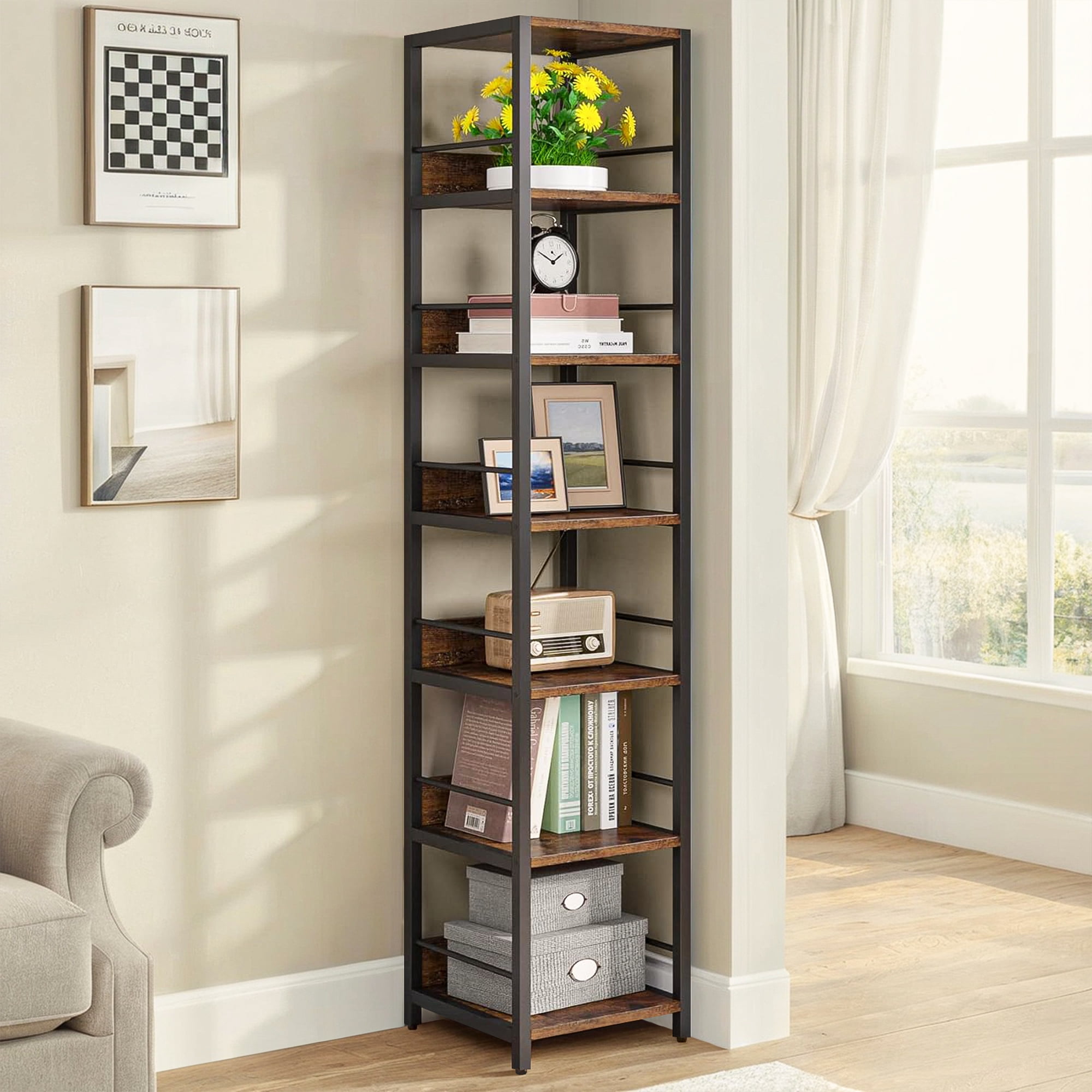 Demi Bonn 6-Tier Corner Shelf, 74" Narrow Etagere Bookshelf Storage Rack for Bedroom, Living Room, Brown