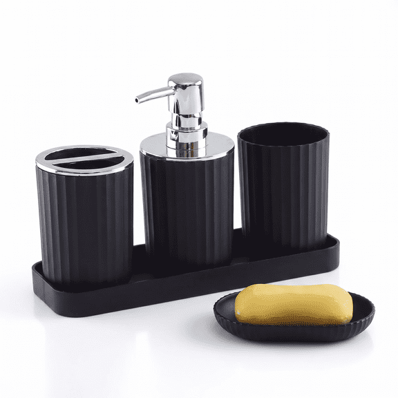Toothbrush Holder Set, Black Stylish Home Decor – Matte Bathroom Accessories Set, 5 Piece Modern Premium Bathroom Cup Set with Toothbrush Holder Tray