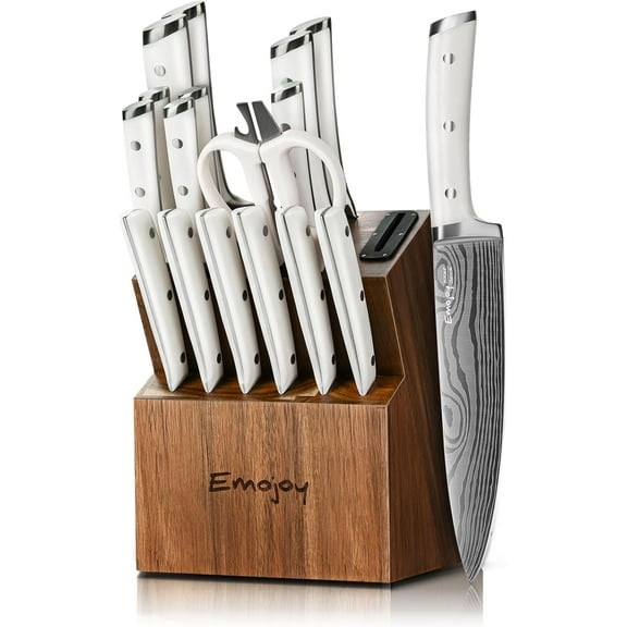 Knife Set, Mojitor 18-Pieces Kitchen Knife Set With Wooden Block, German Stainless Steel Knife Block Set With Built-In Sharpener, Professional Sharp Knives Set for Kitchen,White
