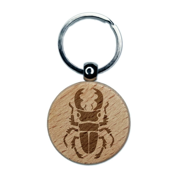 Stag Beetle Round Keychain Charm Tag - Engraved Wood