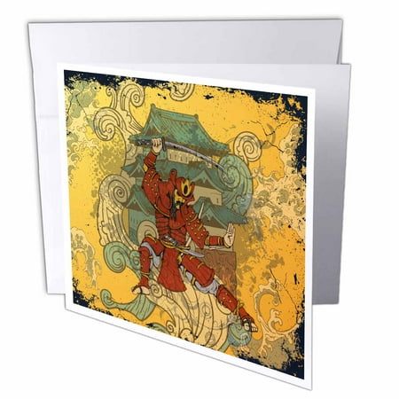 Oriental Party Card - 3dRose Grunge Japanese Samurai Fighter With Waves And Pagoda In Background Oriental Vector Illustration, Greeting Cards, 6 x 6 inches, set of 12