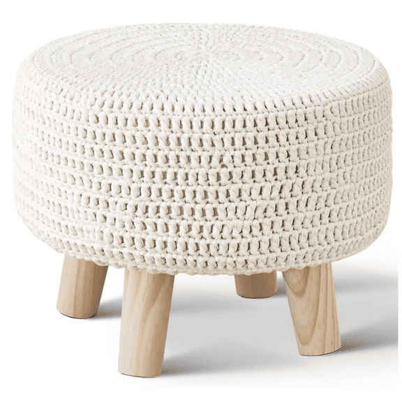 Pouf Ottoman, 100% Cotton Knitted Boho Footstool, Round Footrest with Non-Skid Wood Legs, Home Décor Handmade Pouffe, Leisure Floor Step Stool for Living Room (Beige)