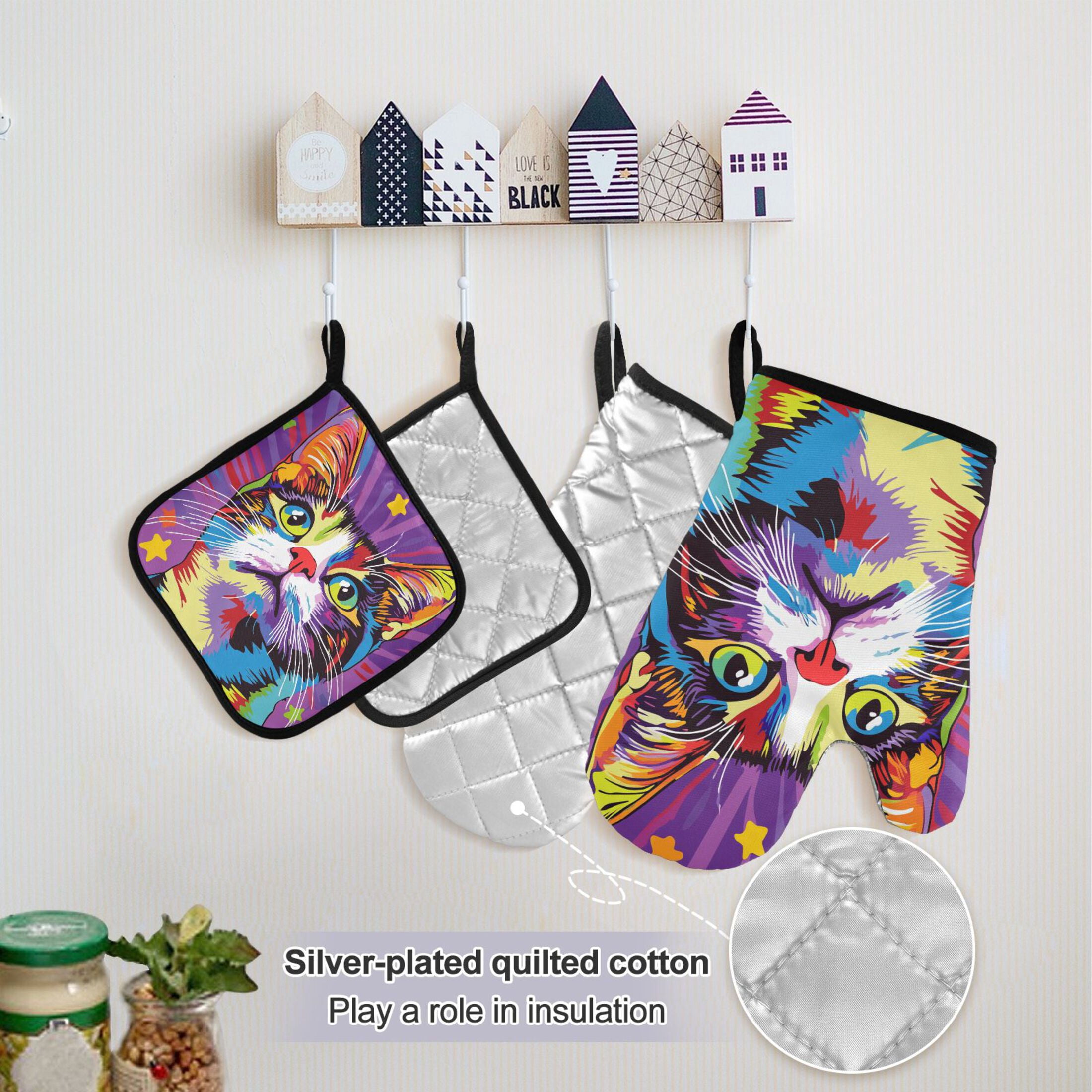 Cute Cat and Star 5 Pcs Kitchen Set Heat Resistant Oven Mitts and Non-Slip Pot Holders with Adjustable Cooking Apron