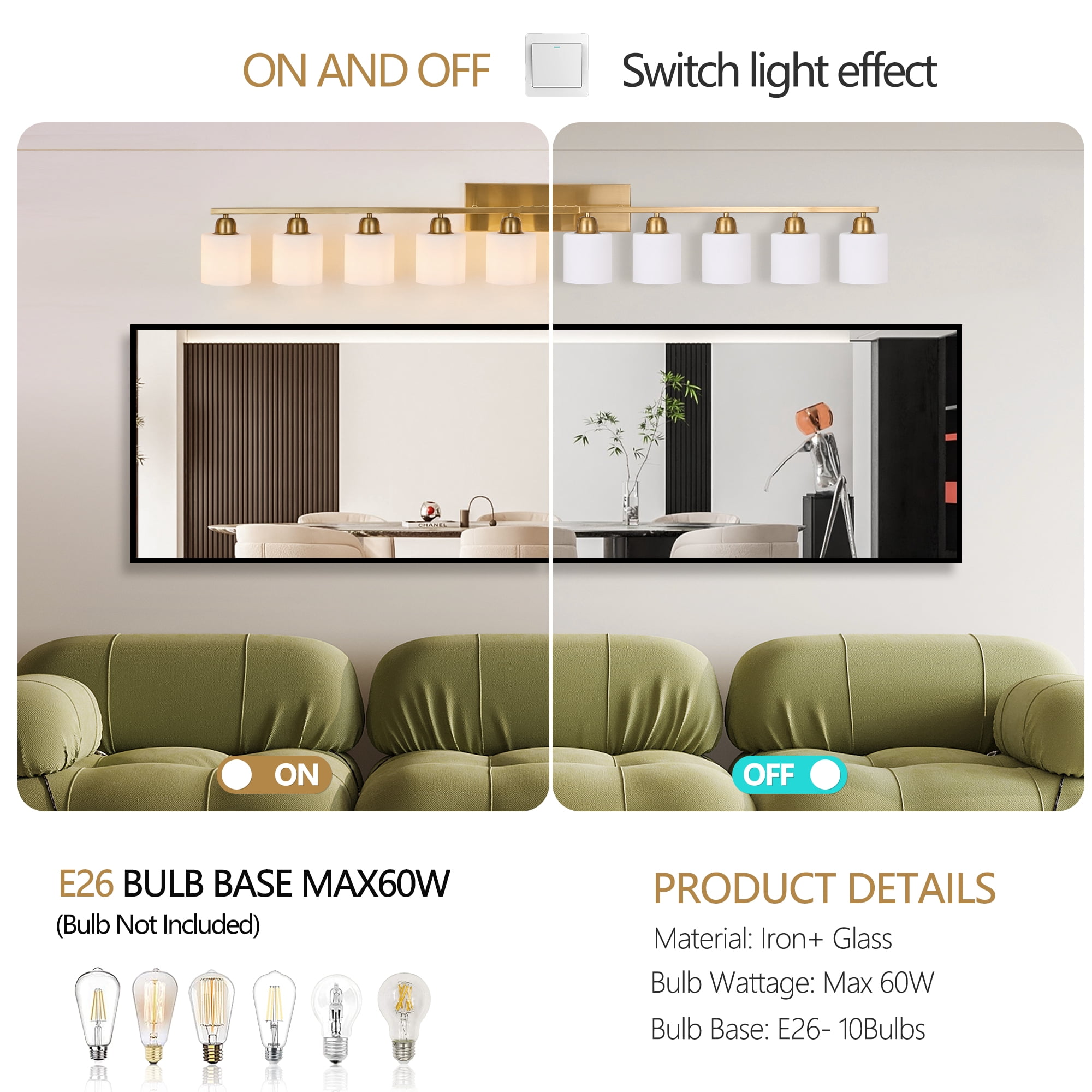 Miniyam 65 in 8 Light Gold Vanity Light for Bathroom, Wall-Mounted Fixtures Over Mirror, E26, No Bulbs Included