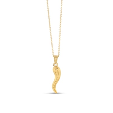 10K Real Gold Italian Cornicello Pendant Necklace – 1.7" Horn On 2.2mm Rope Chain