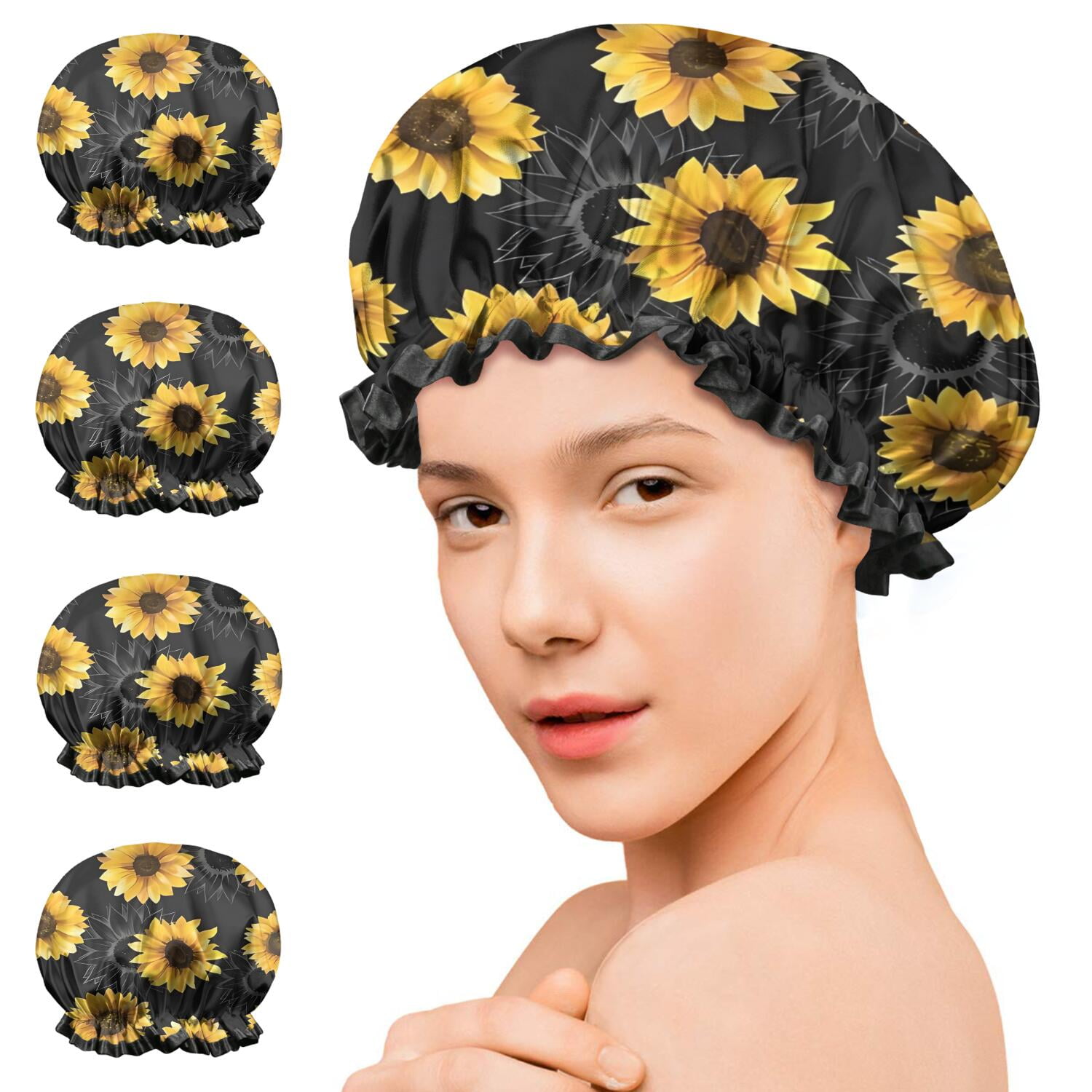 Shower Caps,Black Sunflower Gray Petal Pattern Waterproof Shower Cap for Women 4 Pieces,Double Reusable Hair Cover for Shower PEVA Elastic Stretch Hem