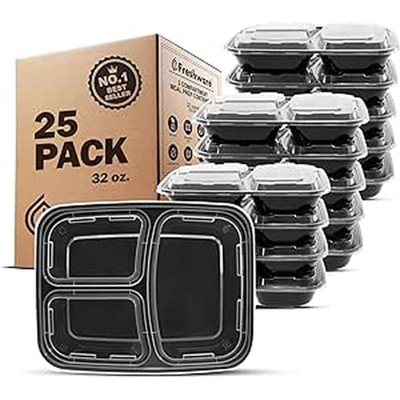Freshware Meal Prep Containers [25 Pack] 3 Compartment with Lids, Food Storage Containers, Bento Box, Stackable, Microwave/Dishwasher Safe (32 oz)
