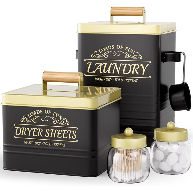 Metal Laundry Pods Container, Dryer Sheet Holder, 2PC Glass Qtips Mason Jars for Laundry Room Organization and Storage, Black Farmhouse Decor, Laundry Powder Container with Scoop, Space Saving
