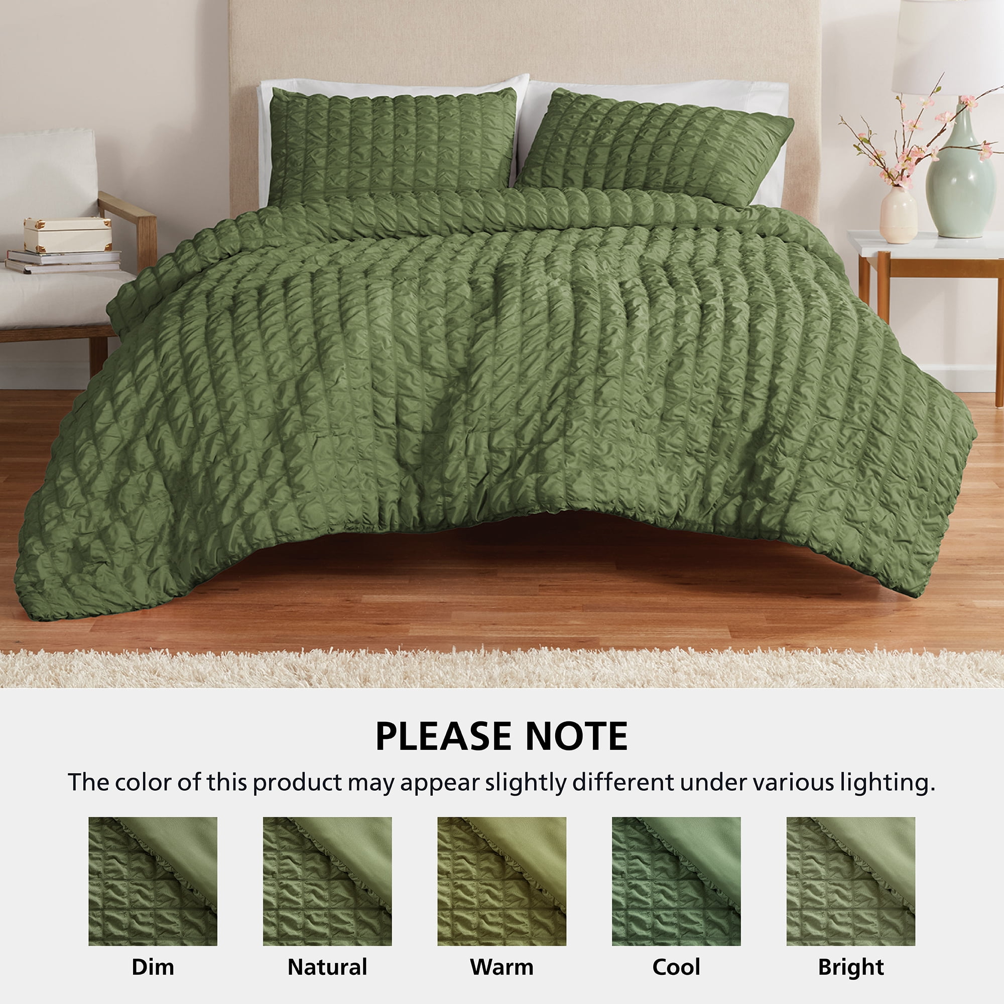 Mainstays Full/Queen Comforter Set, All-Season, 3-Piece, Green Puffy Seersucker