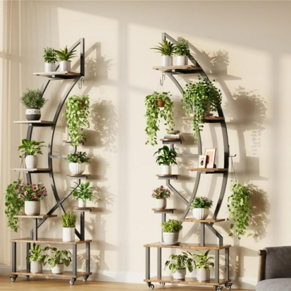 Plant Stand Indoor With Grow Lights, 6 Tiered Metal Plant Shelf With Wheels, Large Plant Shelf for Multiple Plants, Lighted Corner Flower Stands Half Moon,2 Pcs Plant Holder for Living Room