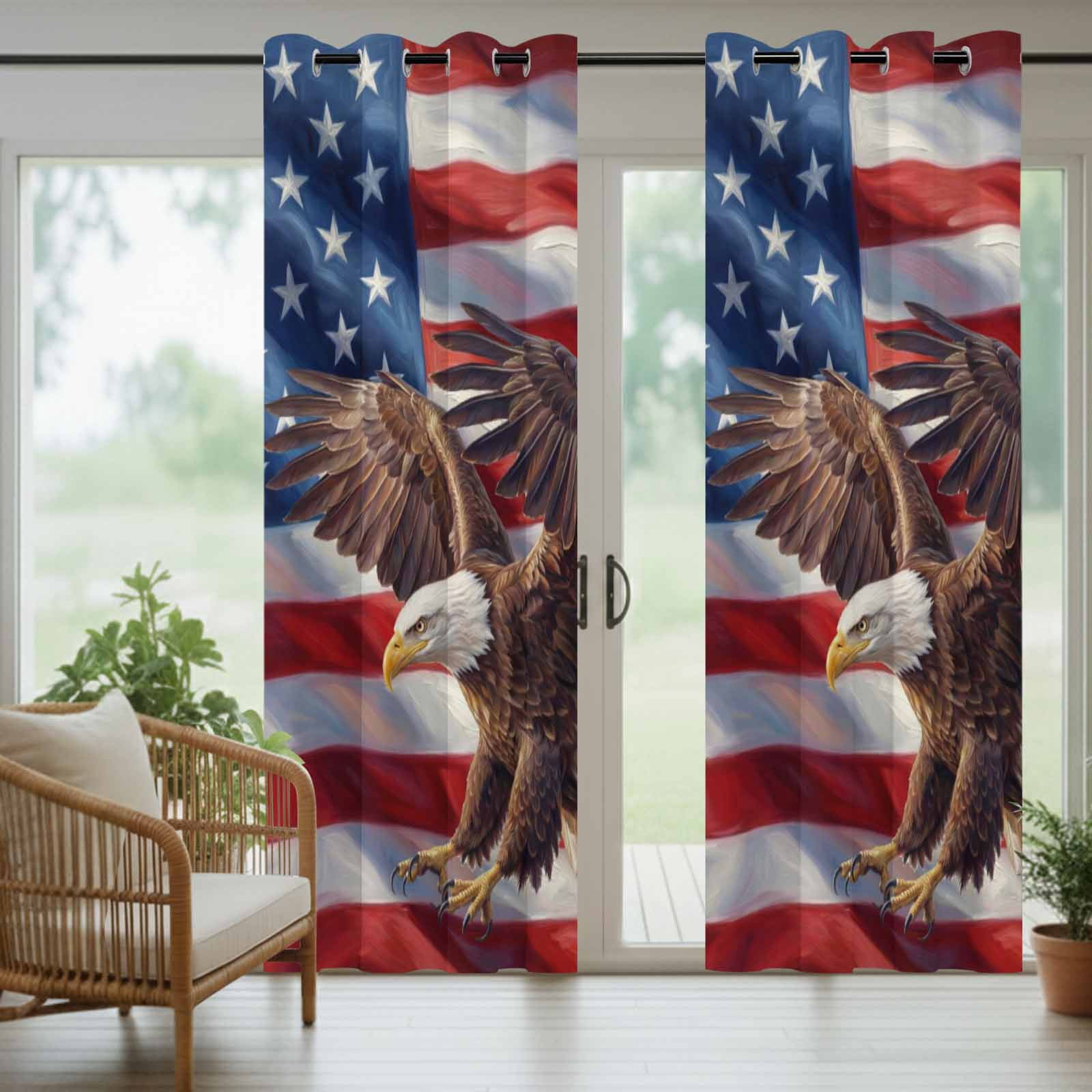 Independence Day Outdoor Curtains for Patio, Watercolor U. S. Flag Soaring Bald Eagle Sunshade Privacy Drapes Grommet Waterproof Outside Curtains for Porch/Cabana/Balcony 54"x 108", 1 Panel