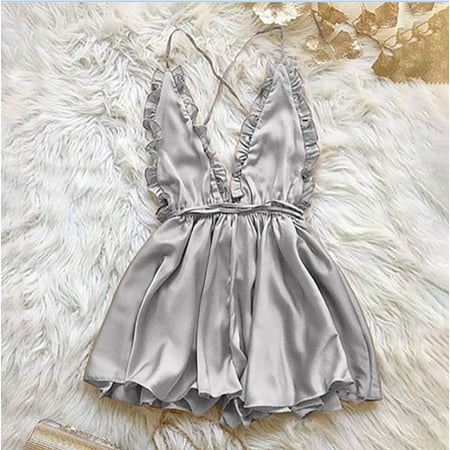 

Cathalem Women s Sexy Dress With Wooden Ear Edge Deep V Neck Neck Tie Backless Sexy Lingerie Nightdress Womens Lingerie plus Underwear Silver Large