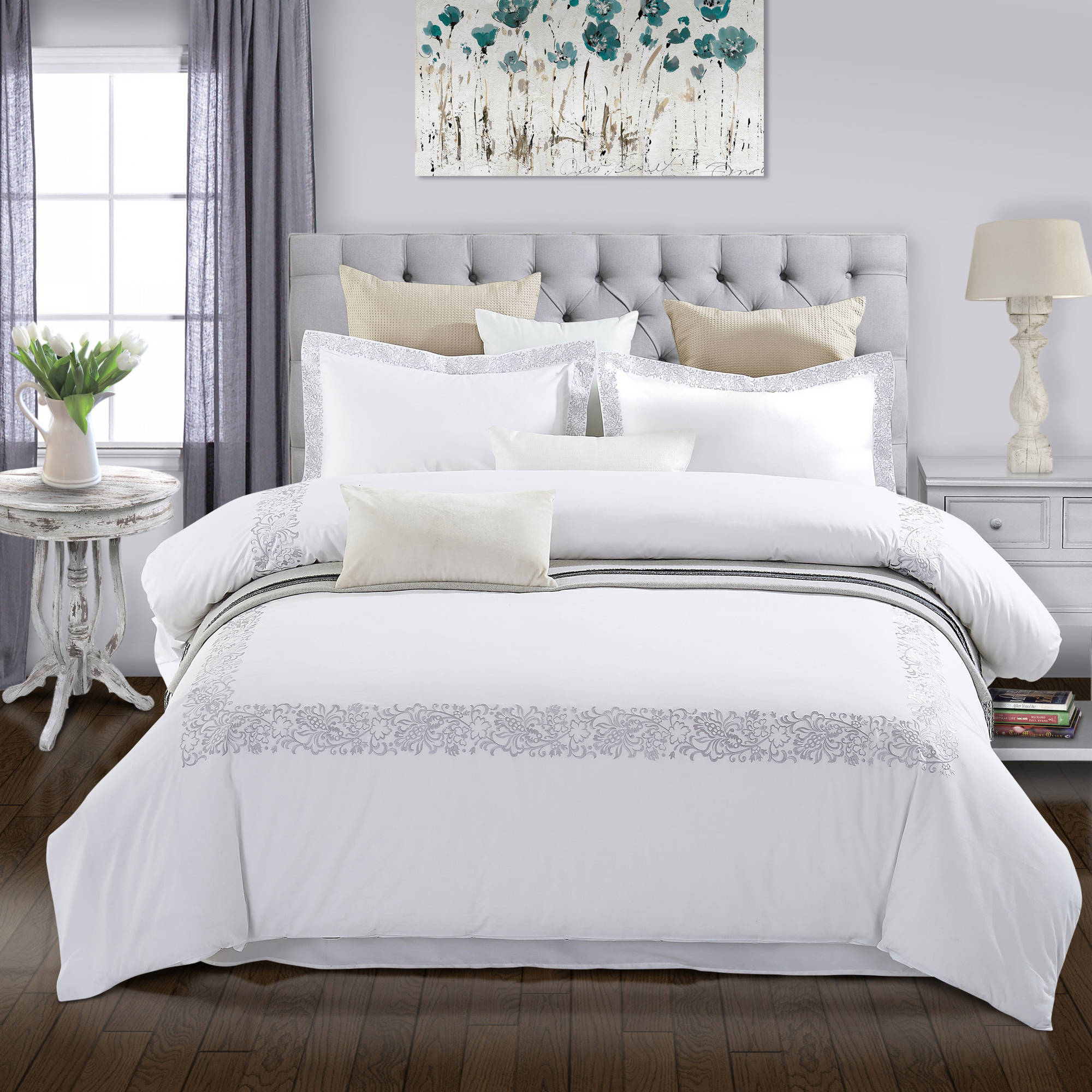 Superior Cotton Embroidered Duvet Cover Set, Full/ Queen, White
